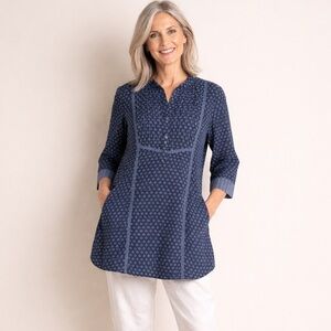 April Cornell | Blue Block Print Cotton Tunic Top Cottagecore Prairie XL